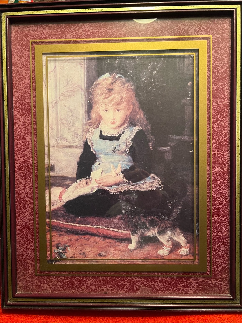 Vintage Girl and Kitten Framed Wall Art , “Puss In Boots” John Everett